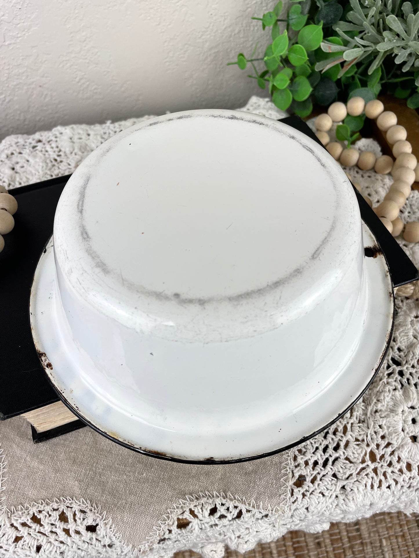 Vintage Small Enamel Bowl with Black Rim