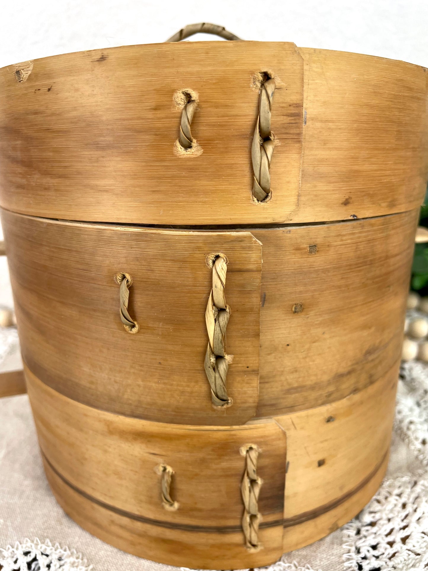 Vintage Bamboo Tiered Steamer Basket