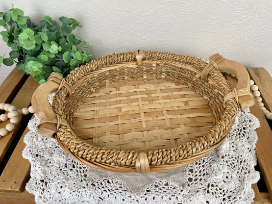 Vintage Wicker Tray with Wooden Handles