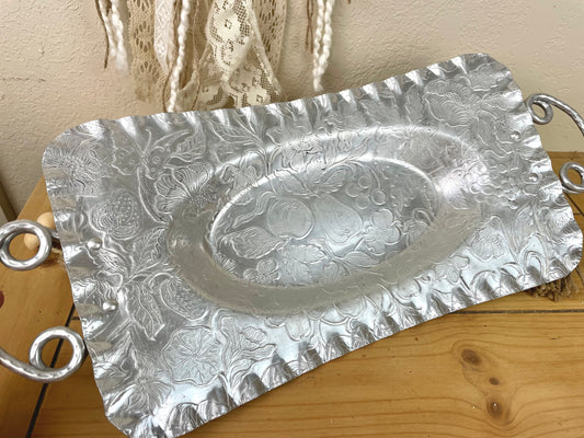 Vintage Hammered Aluminum Tray with Fruit Details