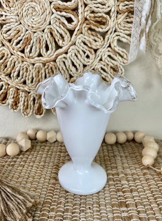 Vintage Fenton White Milk Glass Silver Crest Spanish Lace Trumpet Vase