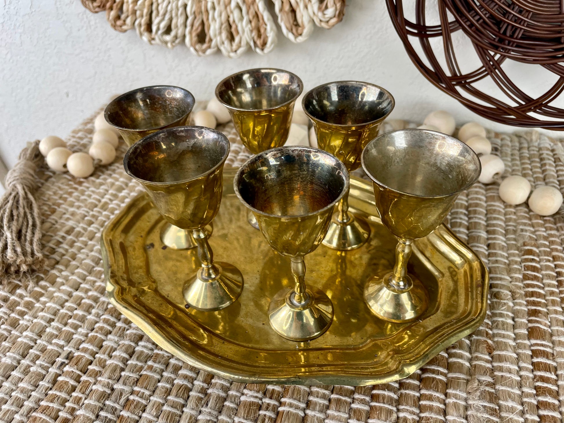 Set of 6 Vintage Brass Small Wine Cordial Goblets Cups With Tray