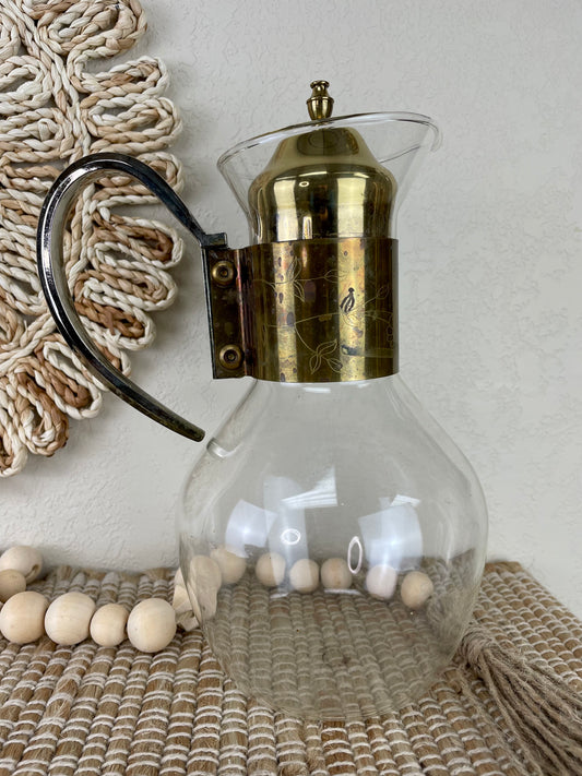 Vintage Brass Banded Glass Coffee Server with Lid