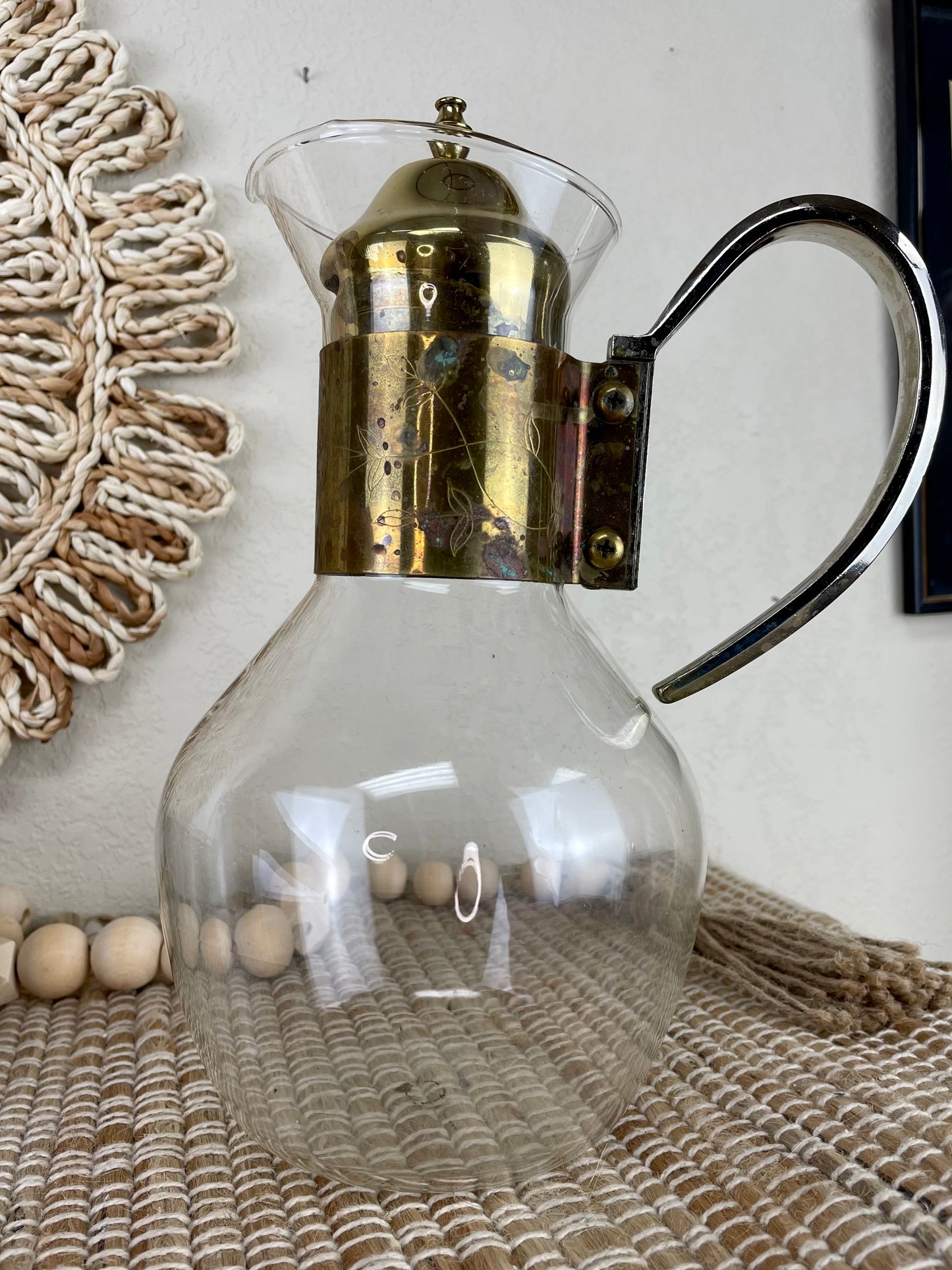 Vintage Brass Banded Glass Coffee Server with Lid