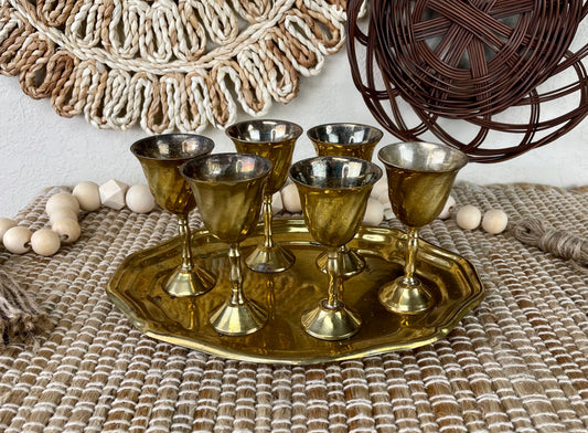 Vintage Mini Brass Goblet Set with Tray