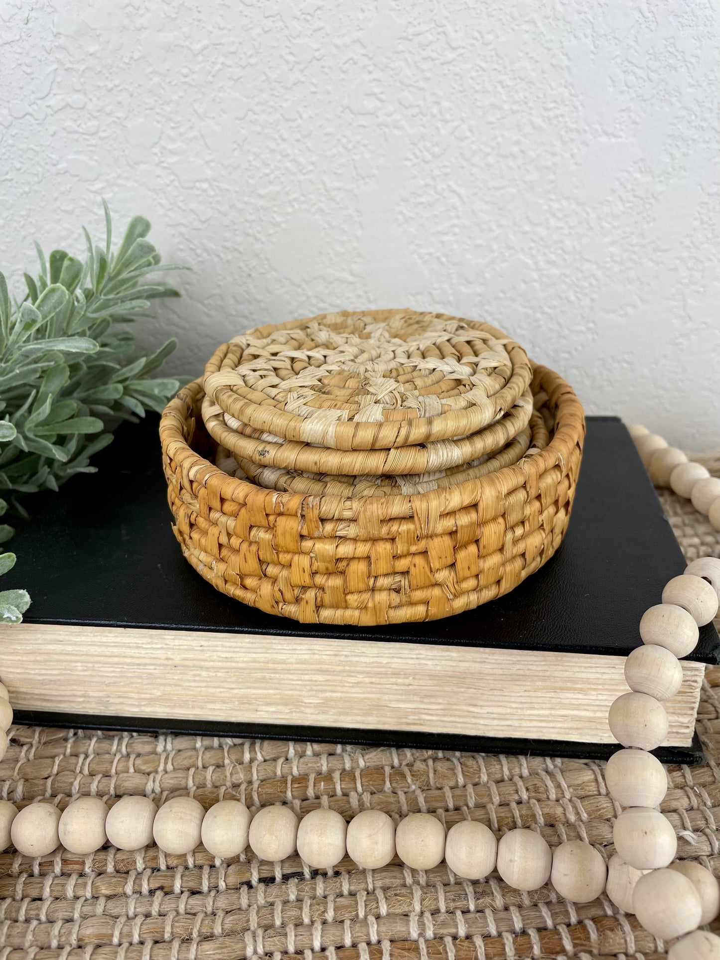 Vintage Round Wicker Coaster Set