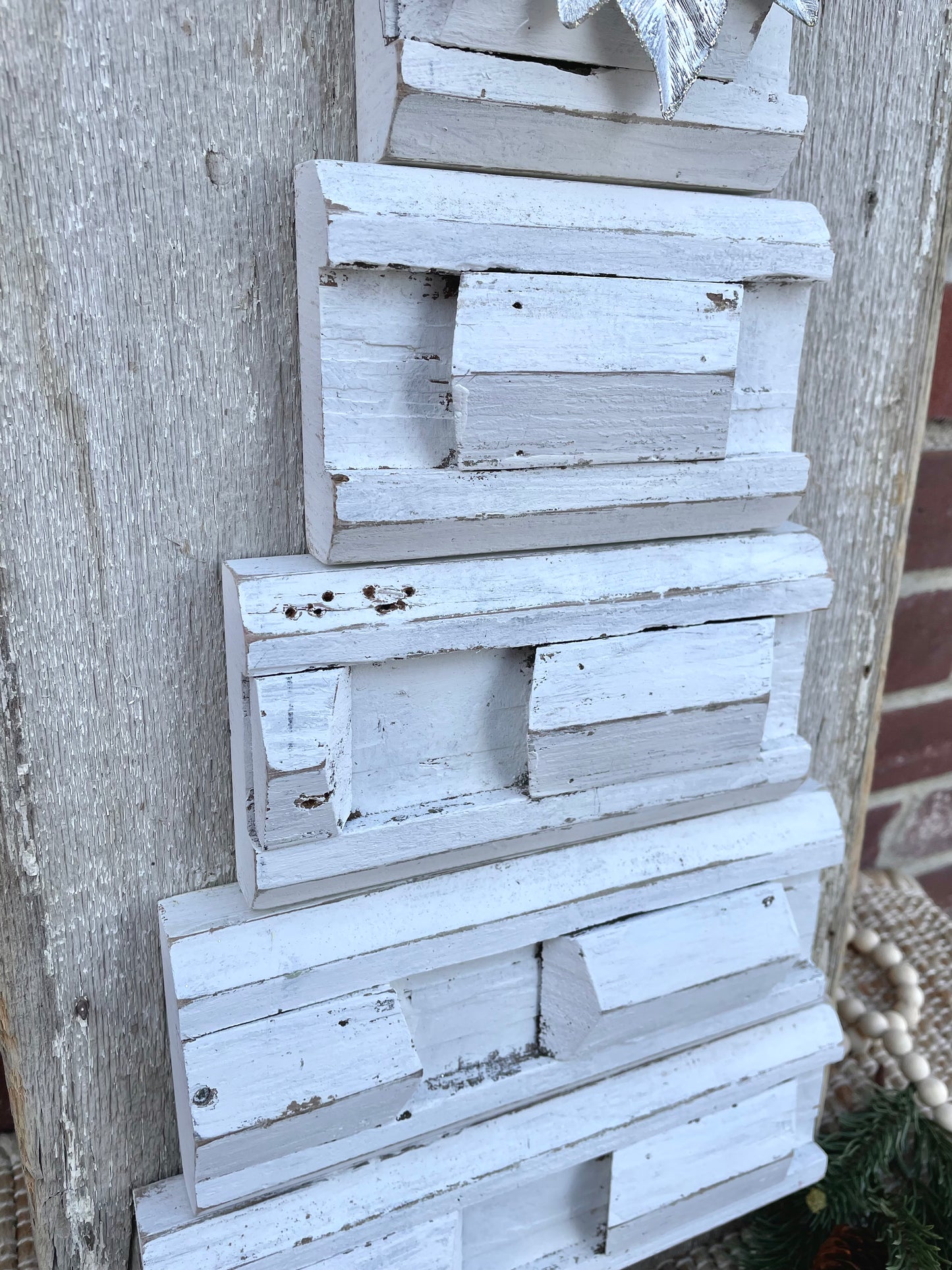 Handmade Reclaimed Wood Salvage Christmas Tree with Silver Flower