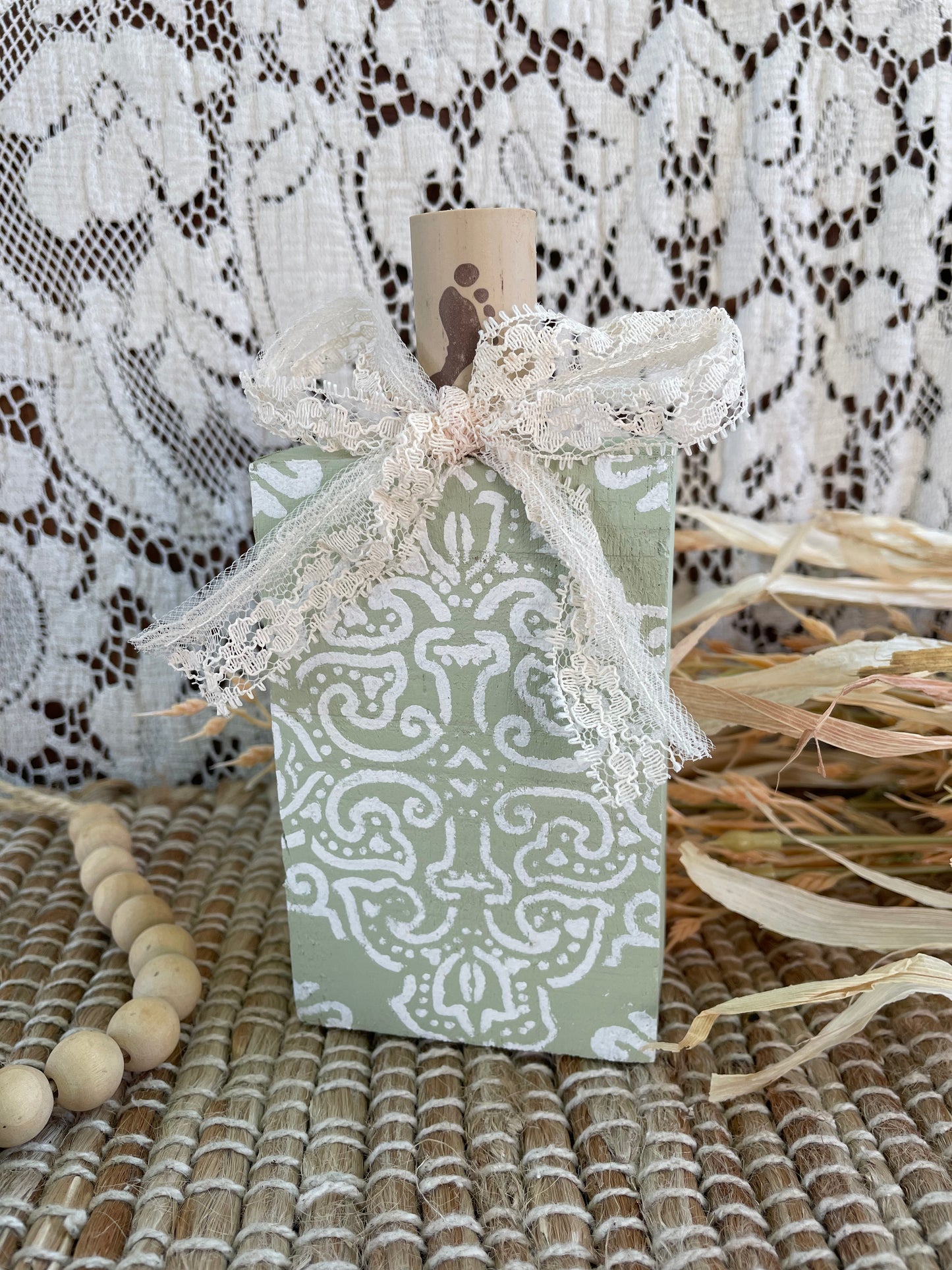 Handmade Reclaimed Wood Light Sage Boho Pumpkin