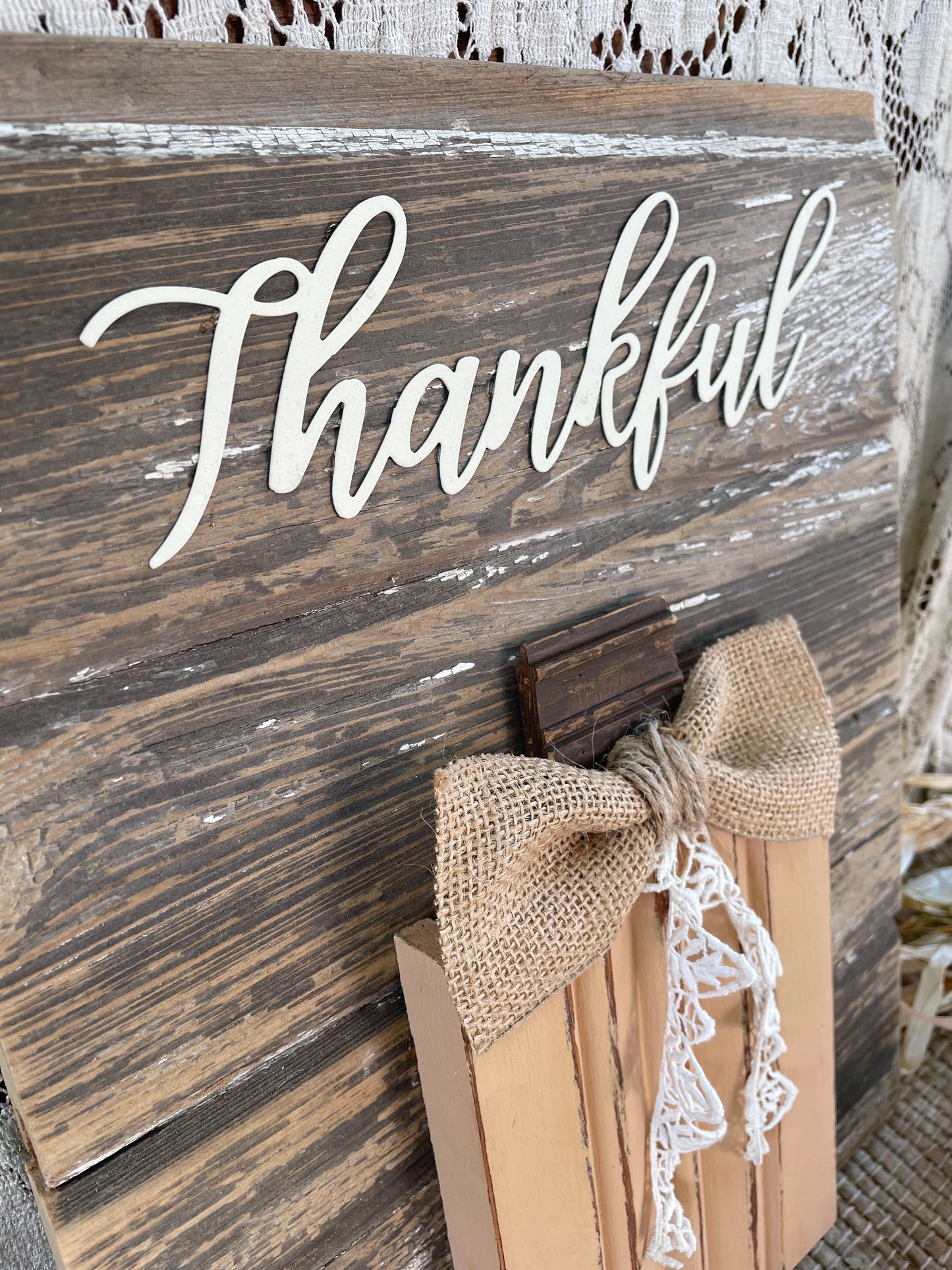 Handmade Barn Wood Peachy Orange “Thankful” Pumpkin Sign