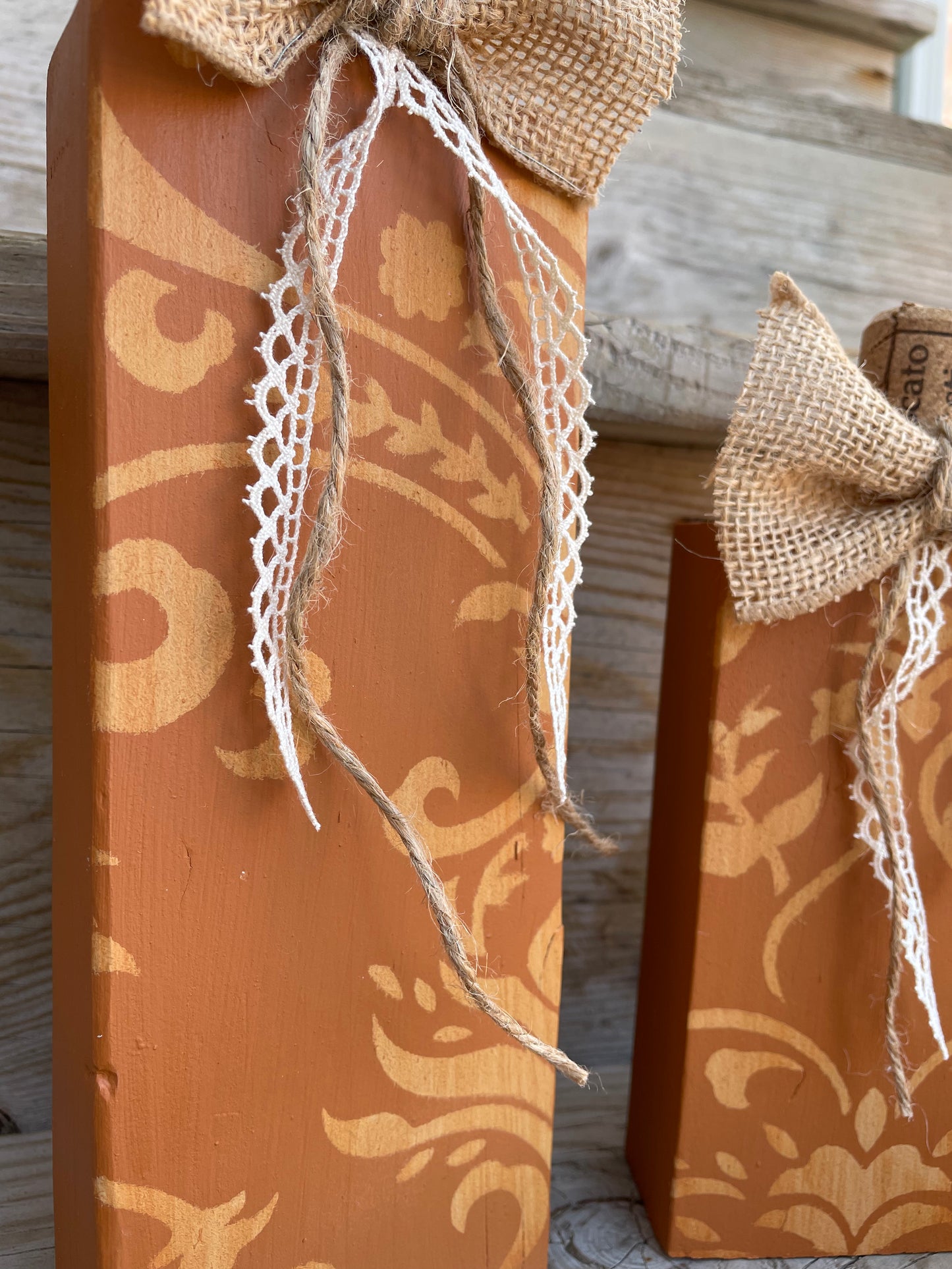 Handmade Reclaimed Wood Orange Pumpkin Set with Bows