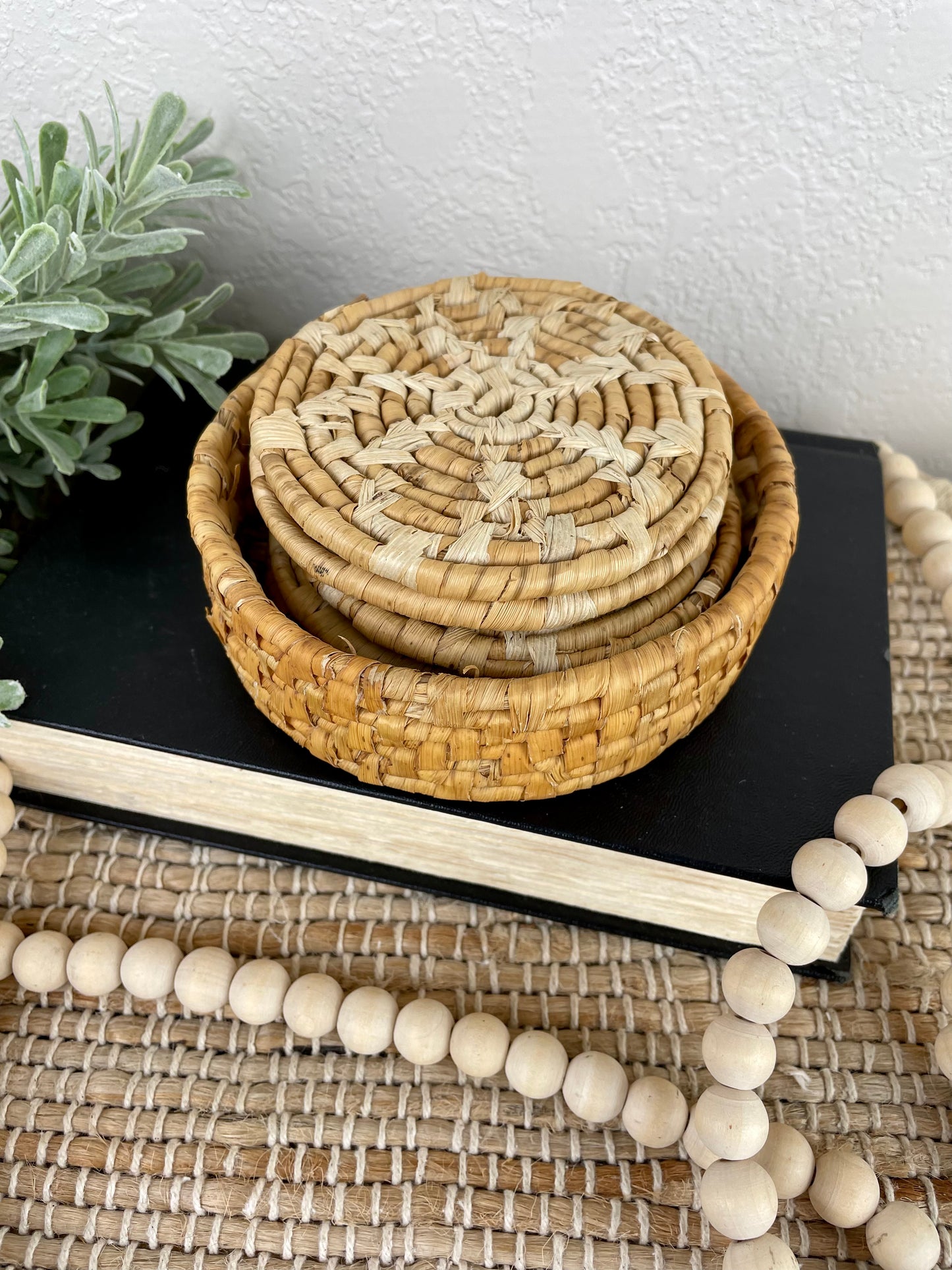 Vintage Round Wicker Coaster Set