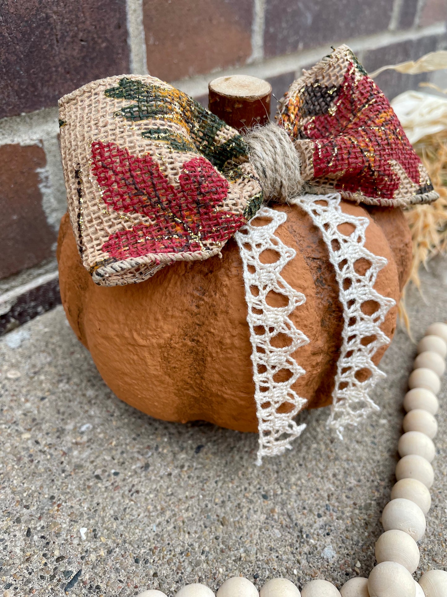 Handmade Textured Orange Pumpkin with Burlap Bow
