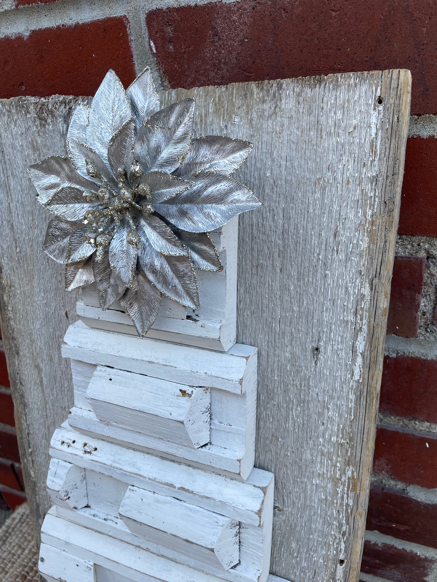 Handmade Reclaimed Wood Salvage Christmas Tree with Silver Flower