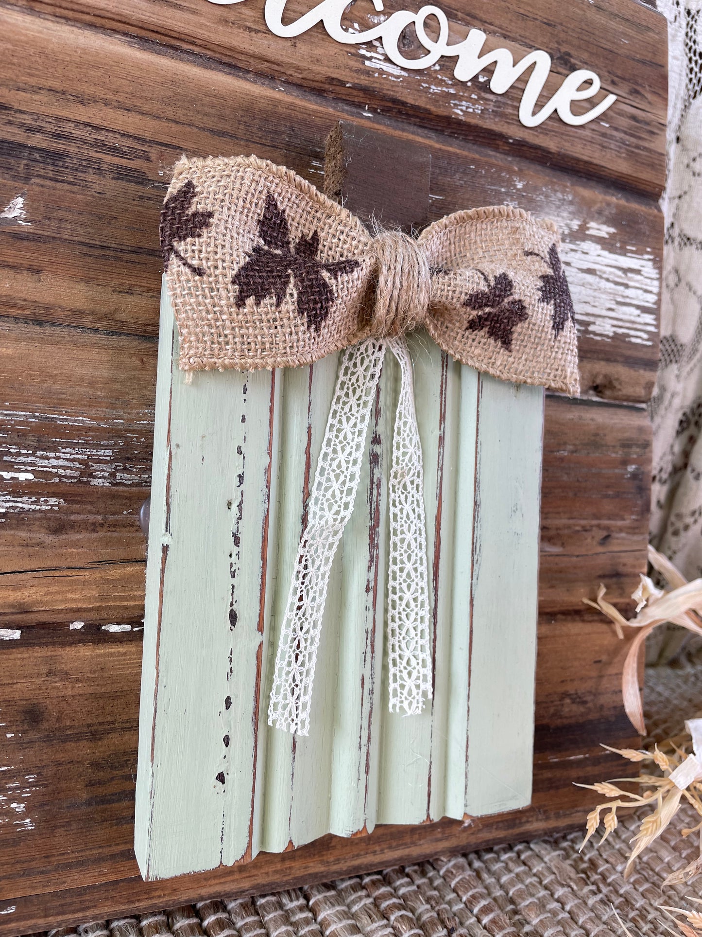 Handmade Barn Wood Light Sage “Welcome” Pumpkin Sign