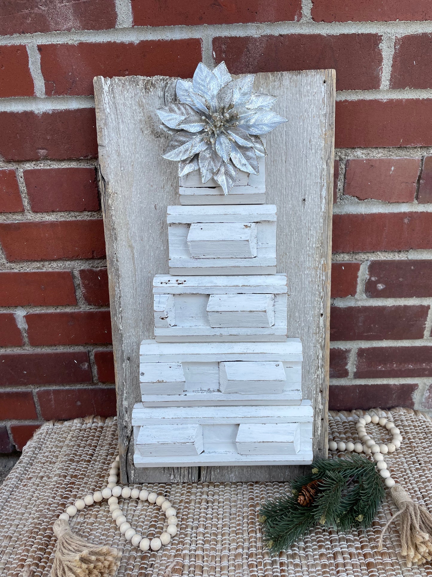 Handmade Reclaimed Wood Salvage Christmas Tree with Silver Flower