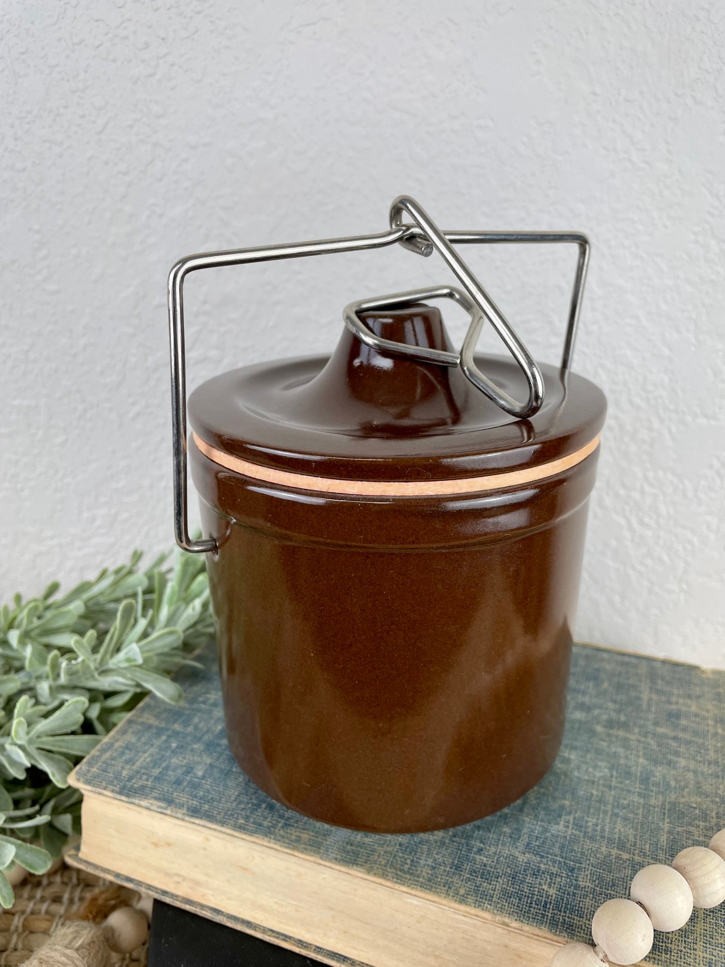 Vintage Brown Cheese Crock with Lid