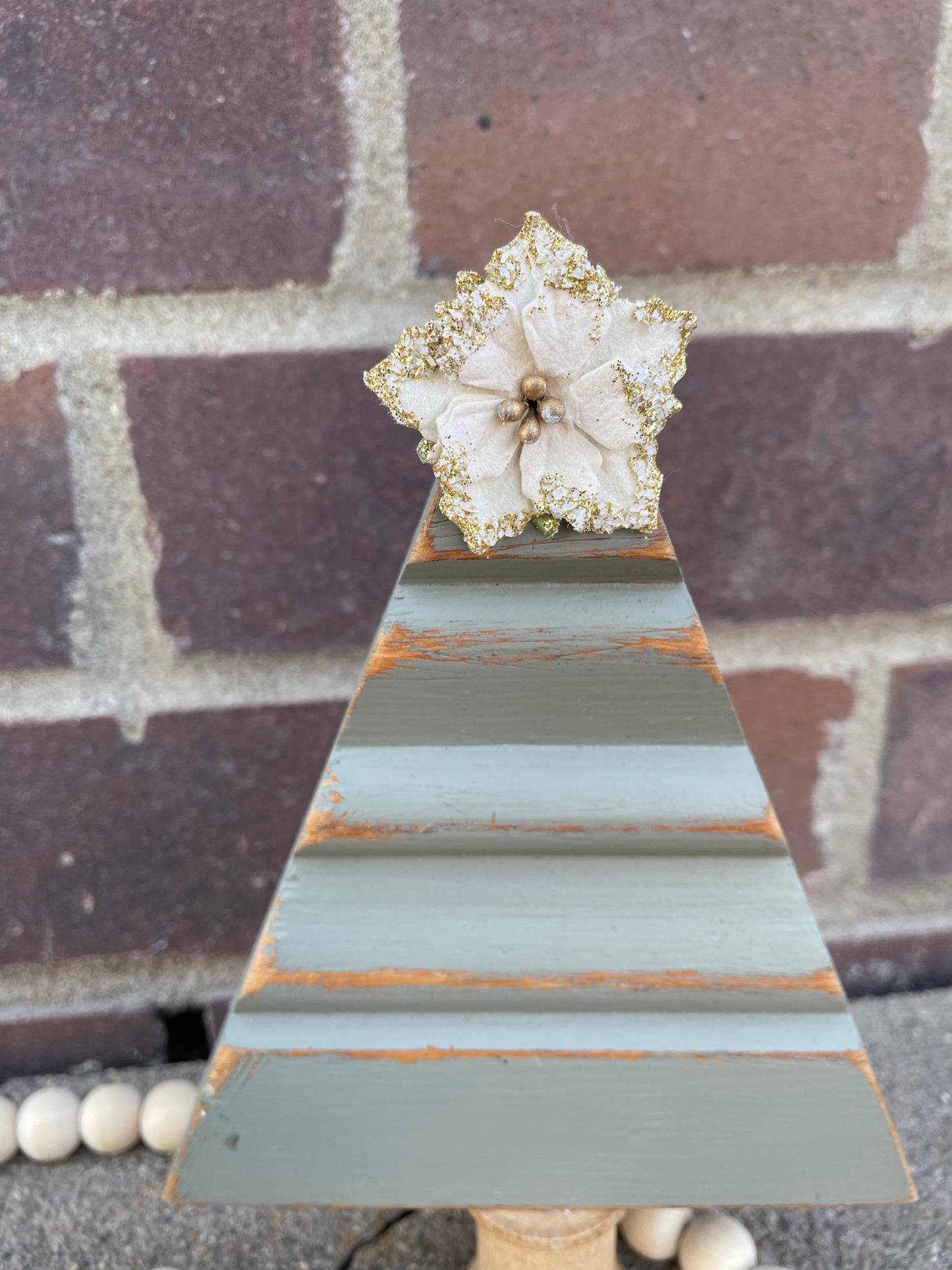 Upcycled Small Sage Green Vintage Trim Christmas Tree with White Poinsettia