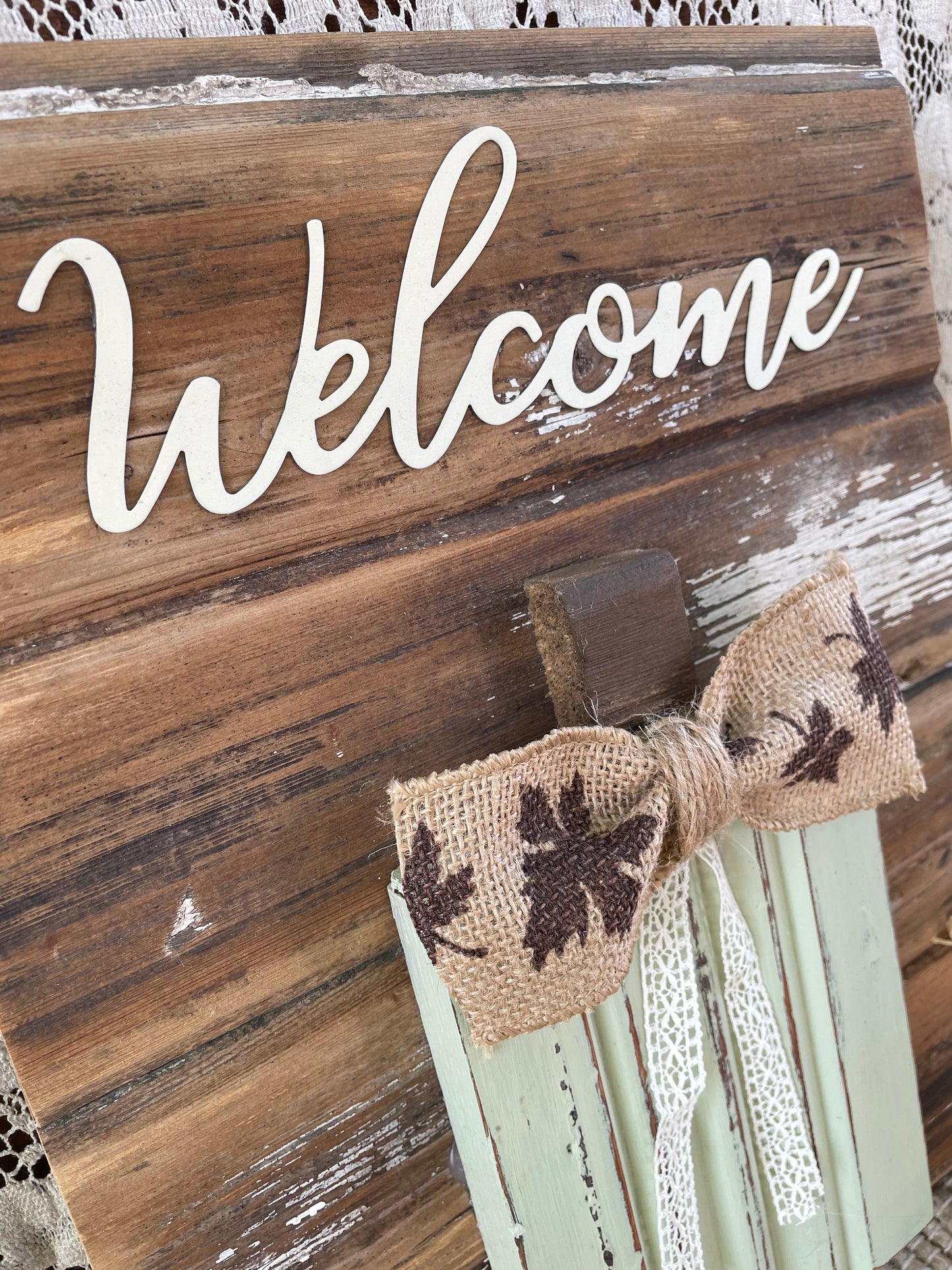 Handmade Barn Wood Light Sage “Welcome” Pumpkin Sign