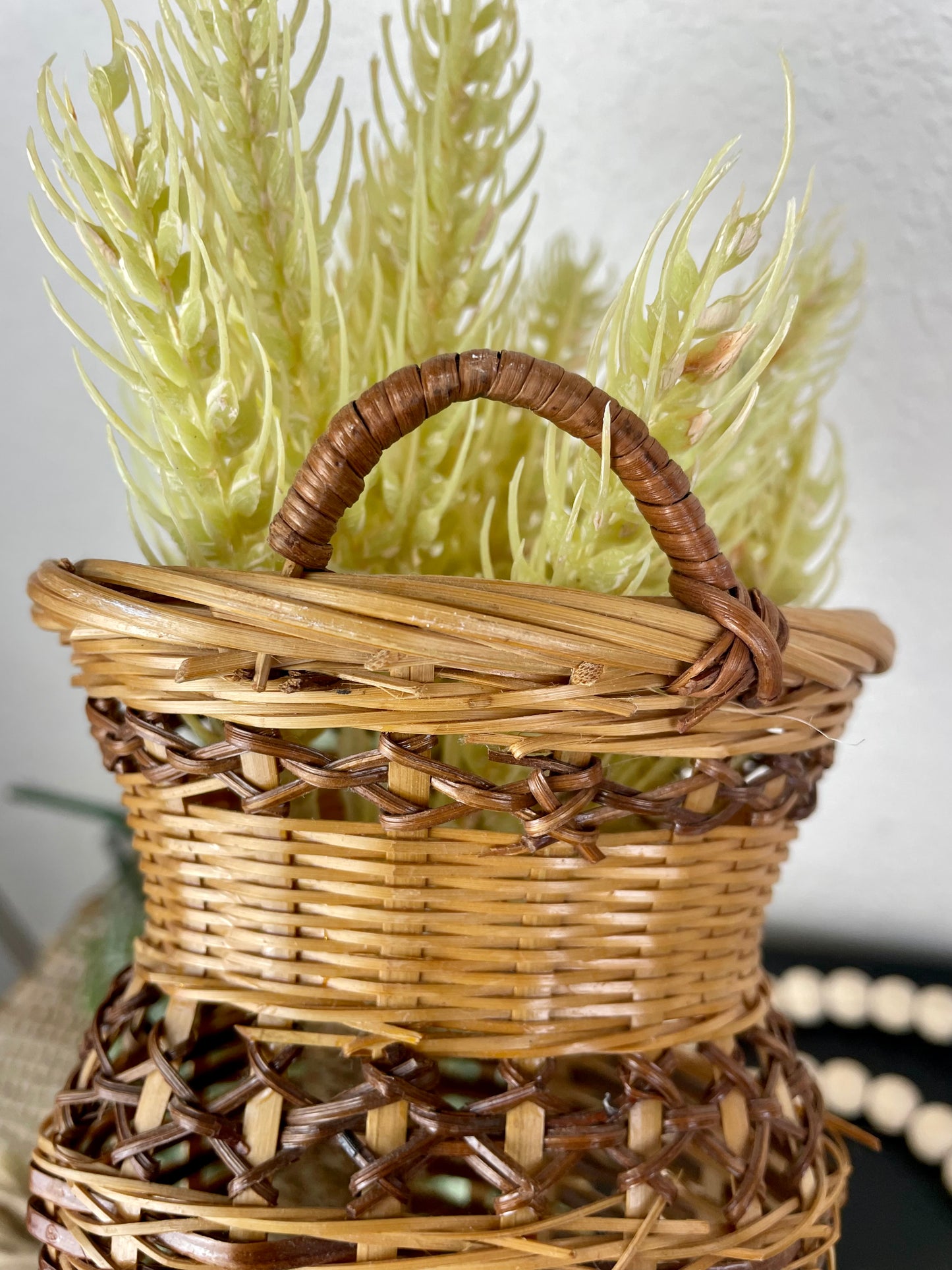 Vintage Wicker Wall Vase with Wheat Grass