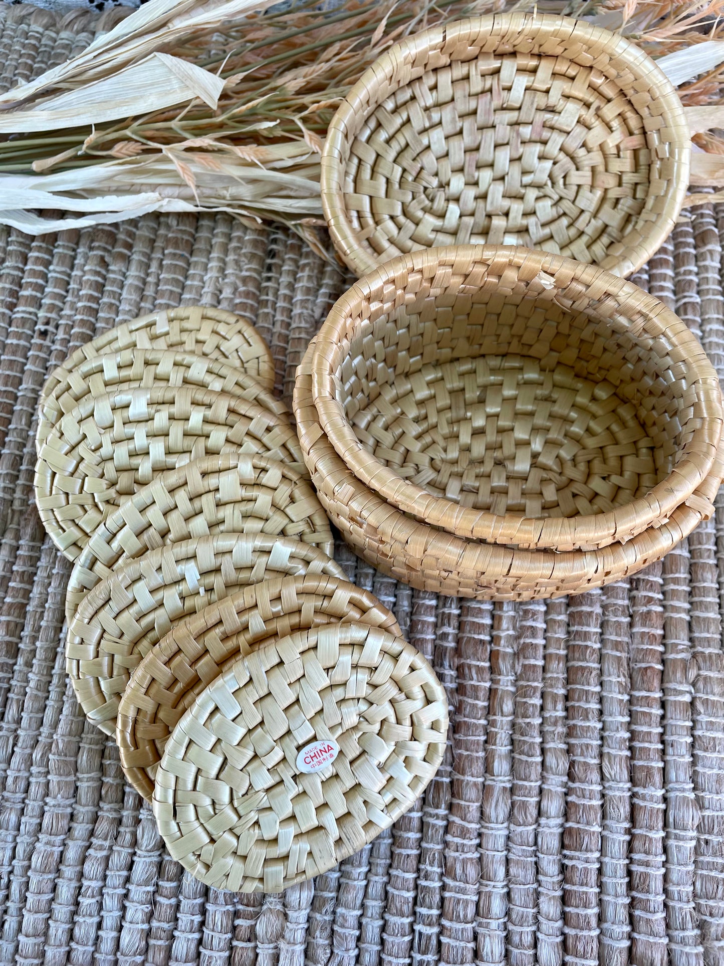 Vintage Wicker Coaster Set with Holder