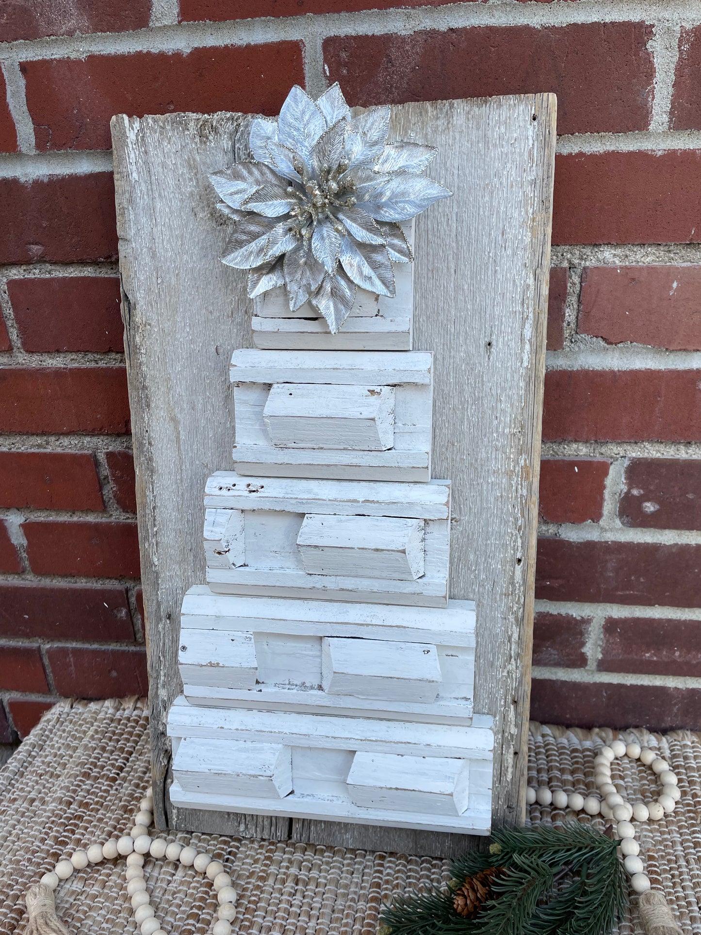 Handmade Reclaimed Wood Salvage Christmas Tree with Silver Flower
