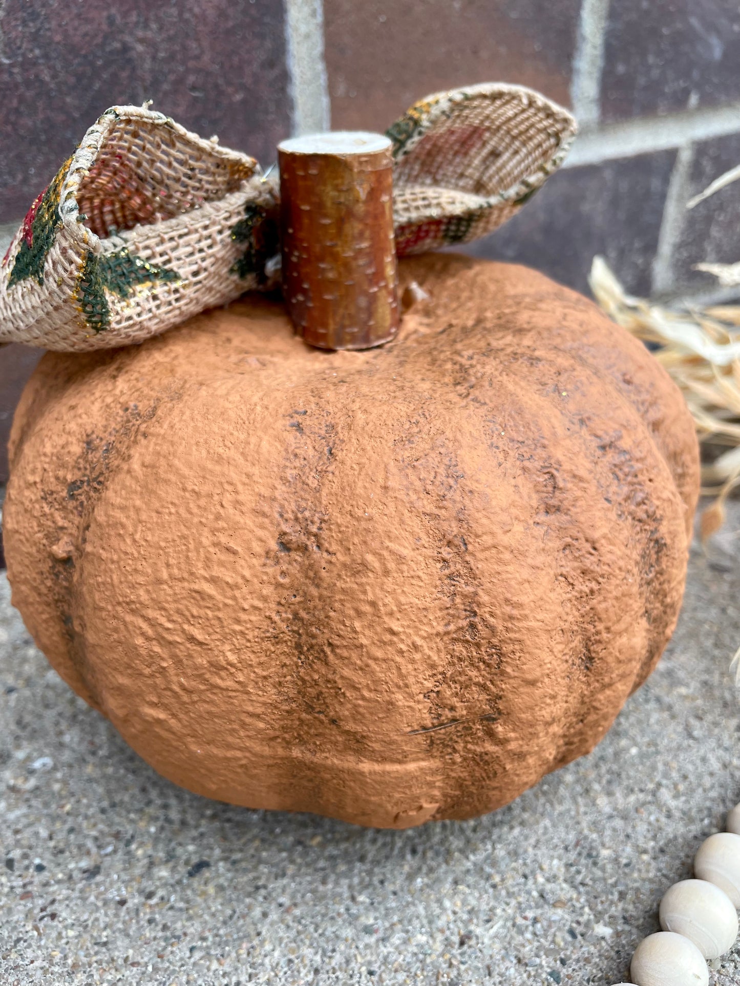 Handmade Textured Orange Pumpkin with Burlap Bow