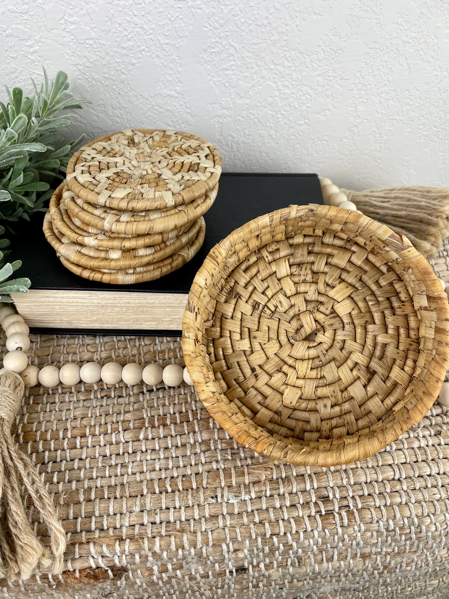 Vintage Round Wicker Coaster Set