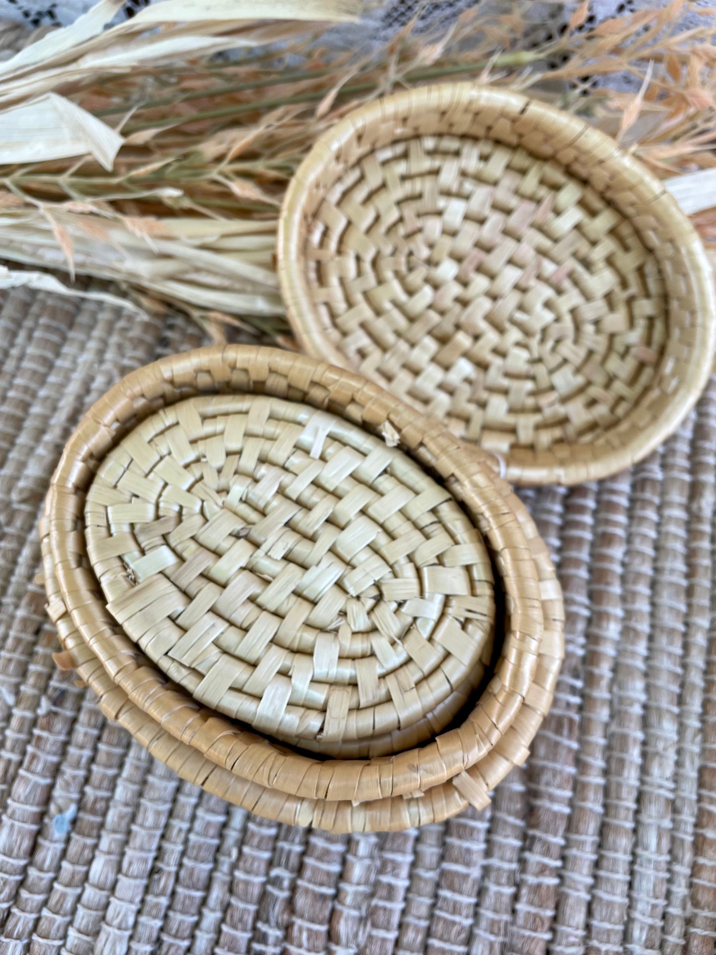 Vintage Wicker Coaster Set with Holder