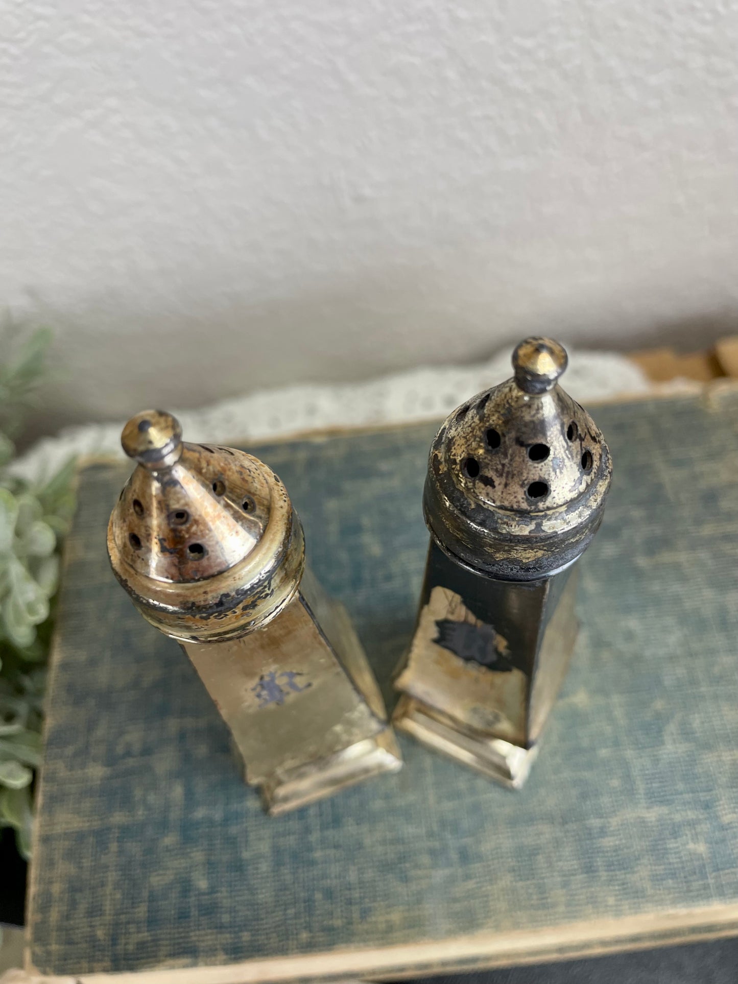 Vintage Silver Salt & Pepper Shakers with Natural Patina