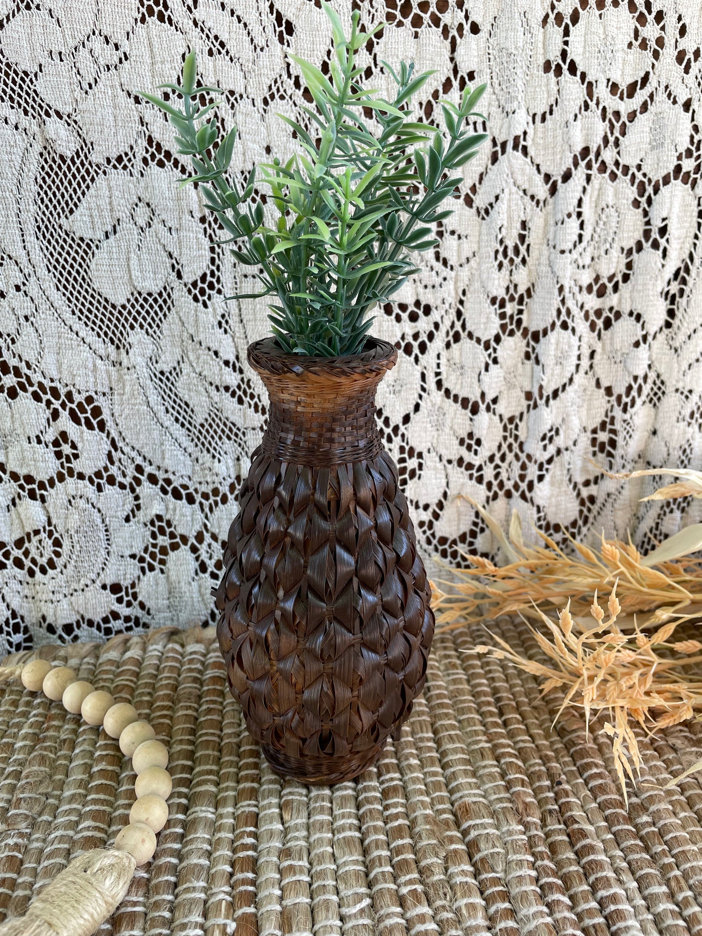 Vintage Mini Wicker Vase with Greenery