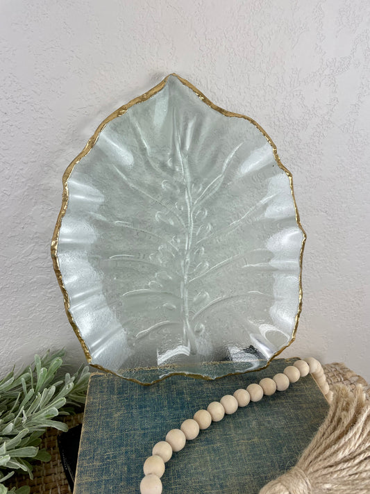 Glass Leaf Dish with Gold Rim