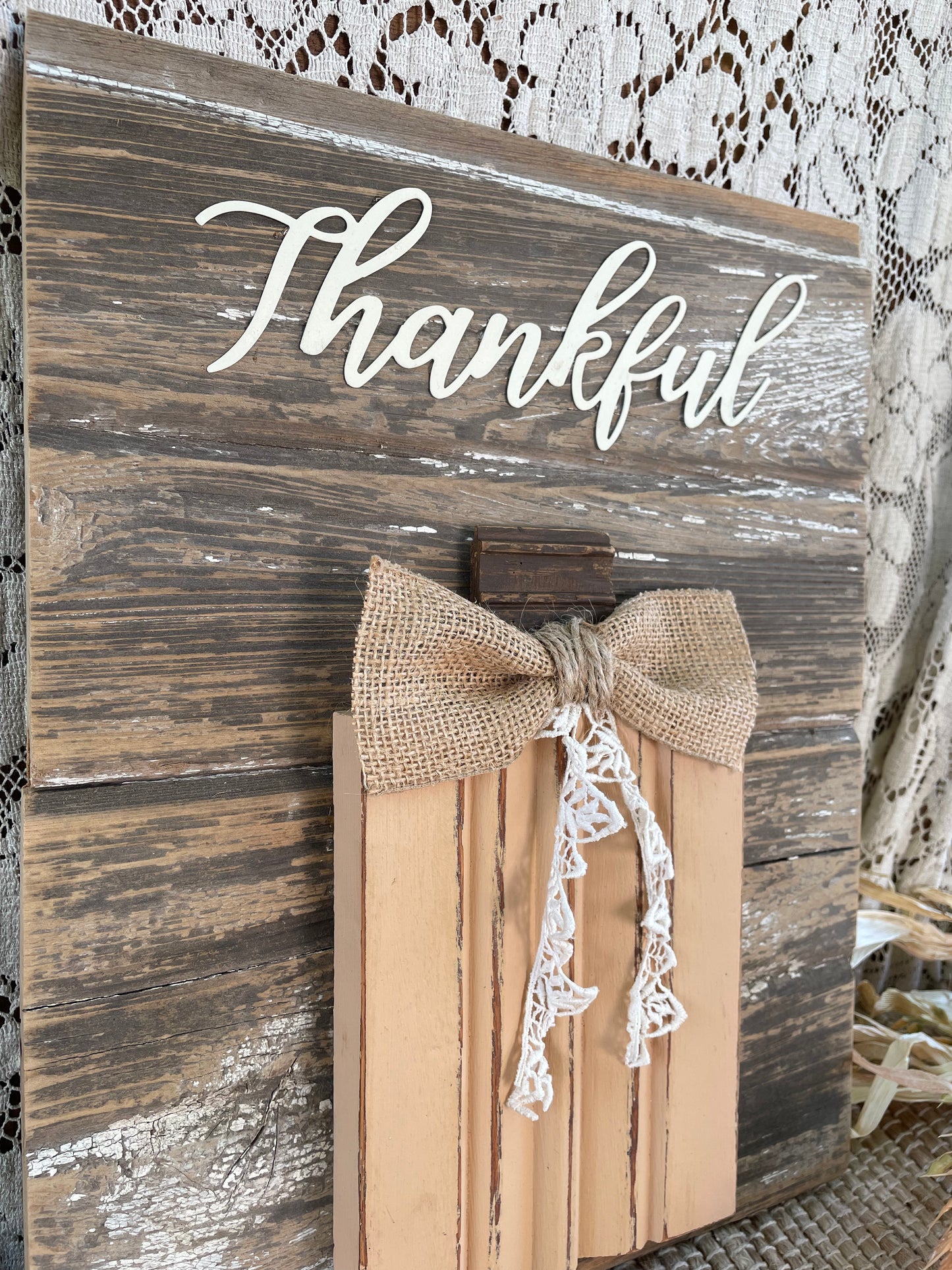 Handmade Barn Wood Peachy Orange “Thankful” Pumpkin Sign