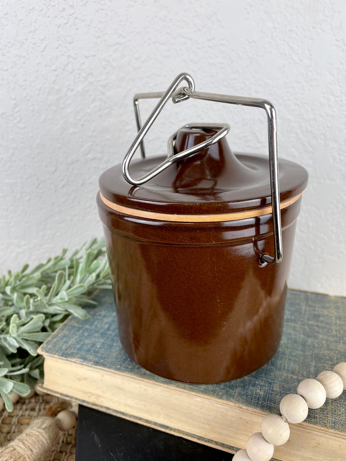 Vintage Brown Cheese Crock with Lid