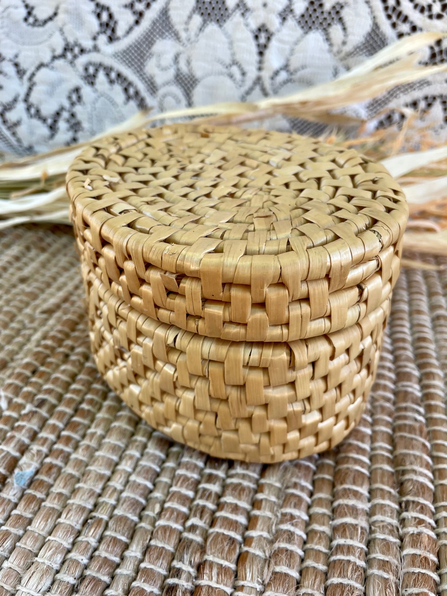 Vintage Wicker Coaster Set with Holder