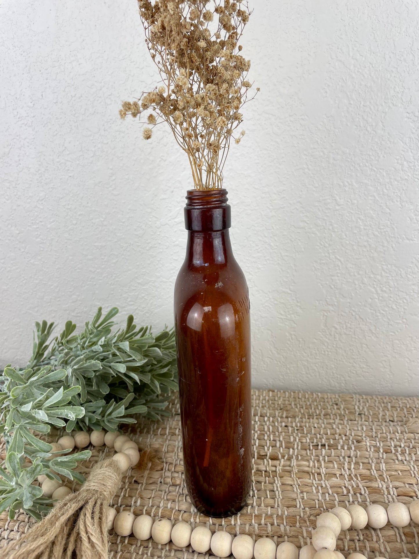 Vintage Amber Bottle with Dried Florals