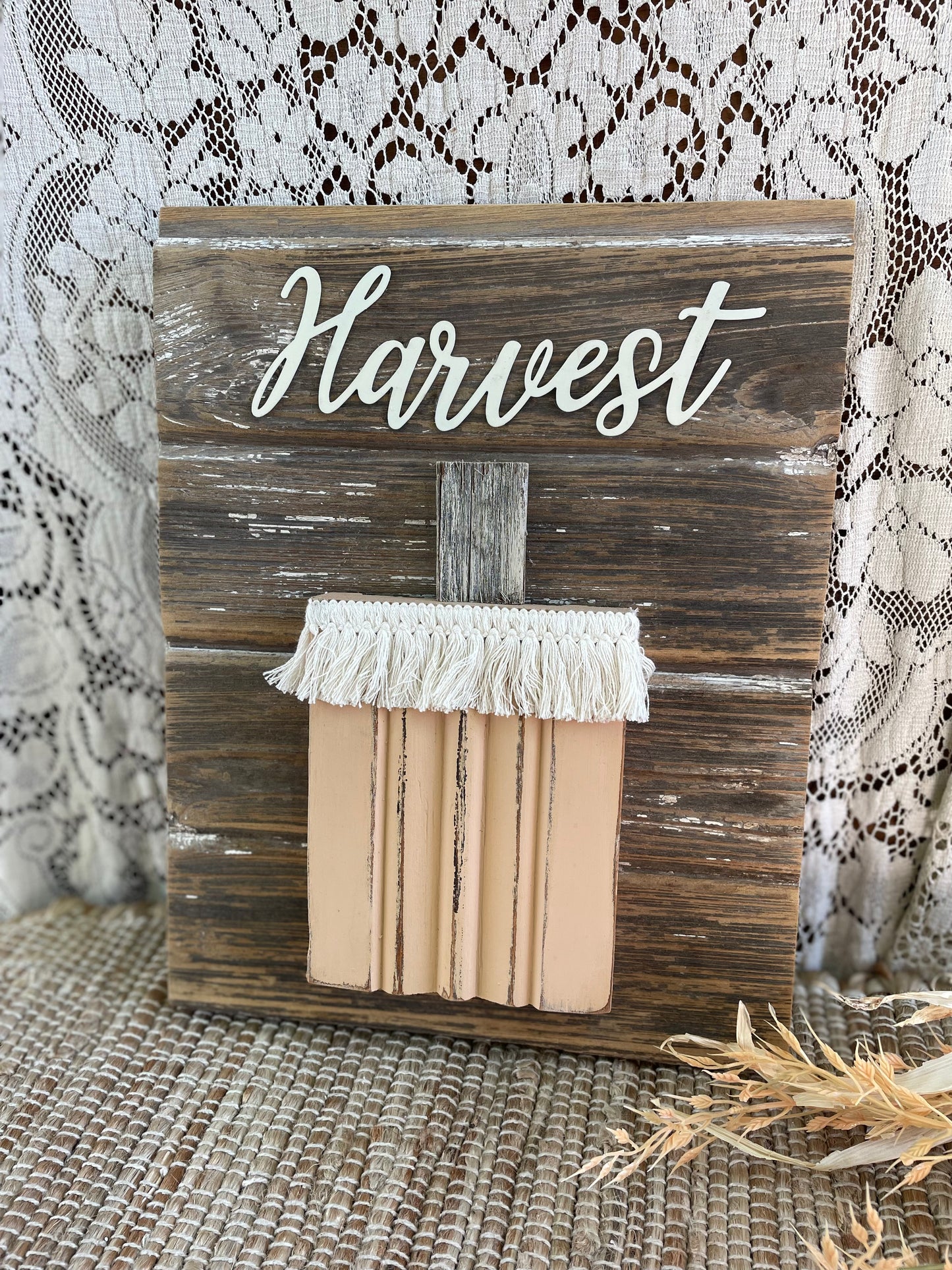 Handmade Barn Wood Peach “Harvest” Pumpkin Sign