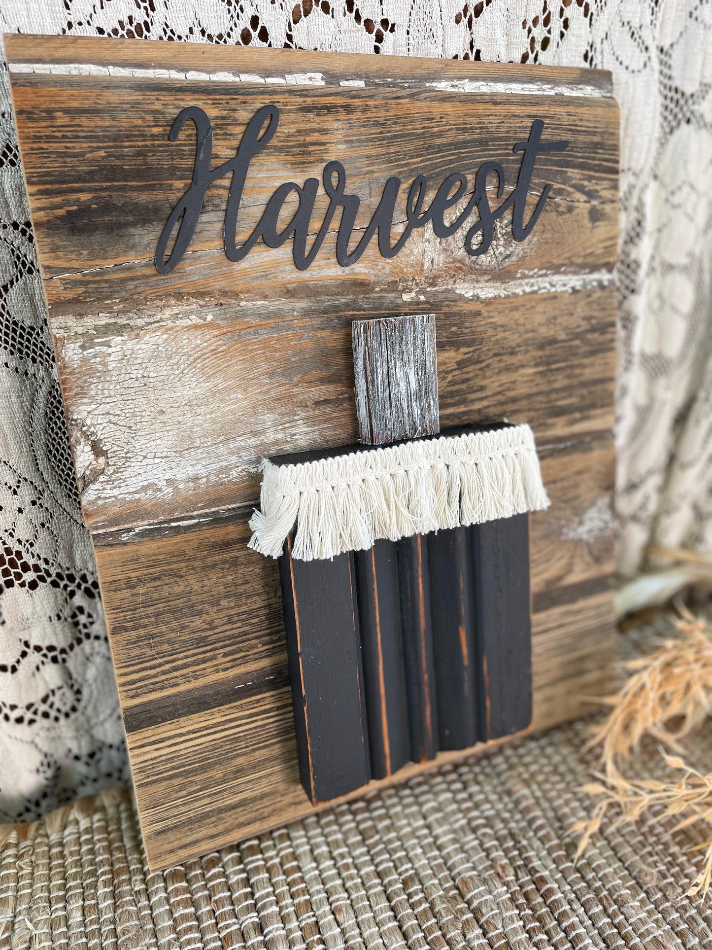 Handmade Barn Wood Black “Harvest” Pumpkin Sign