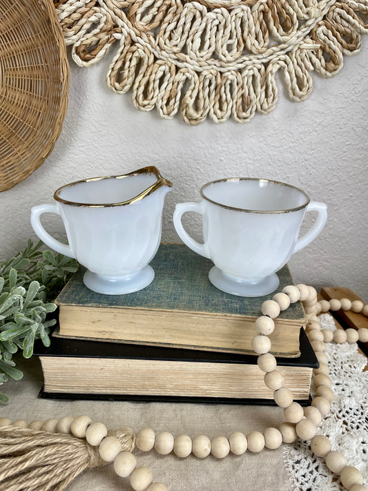 Vintage Fire King Milk Glass Creamer & Sugar Set