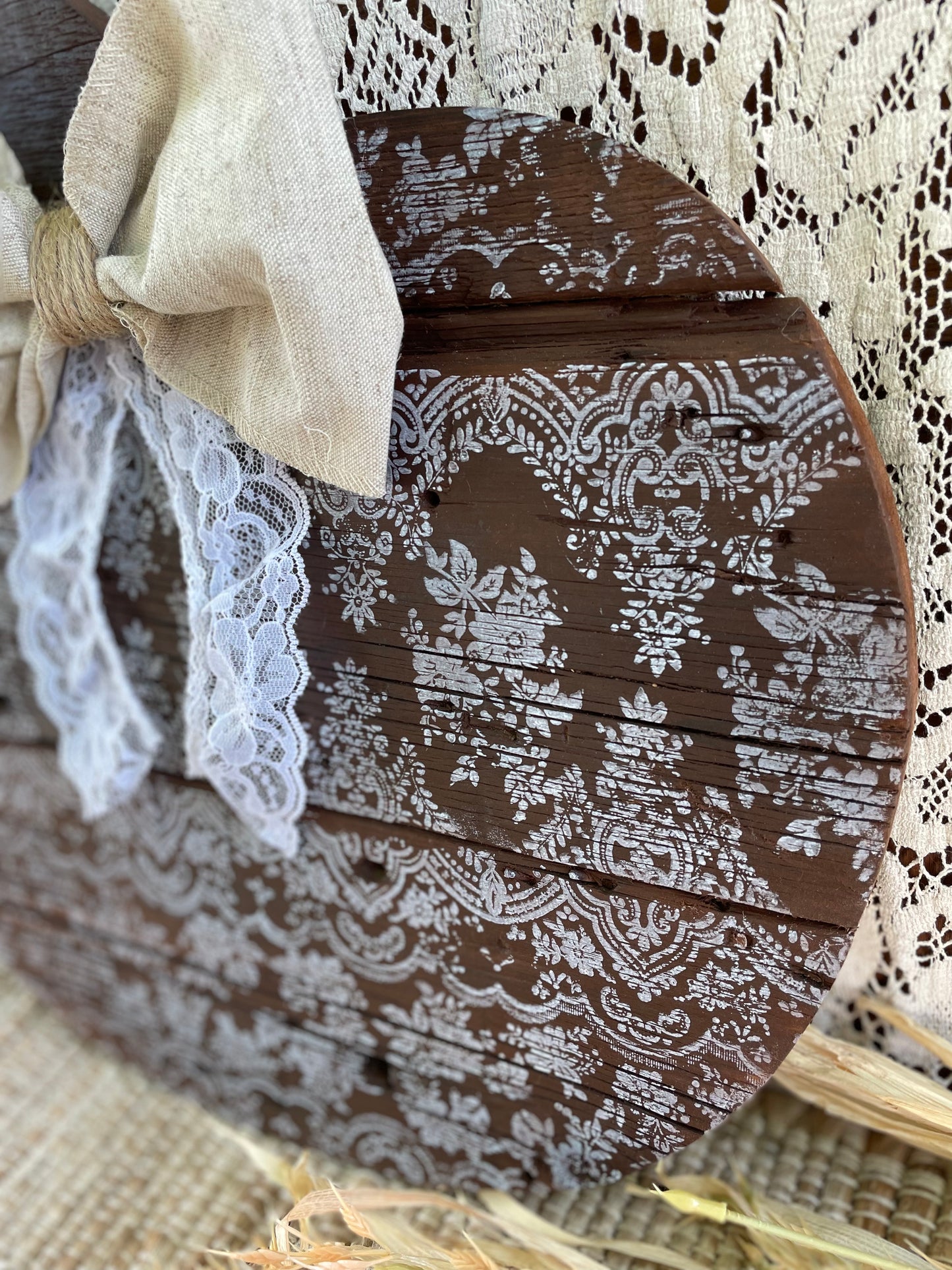 Handmade Barn Wood Pumpkin with Lace Pattern