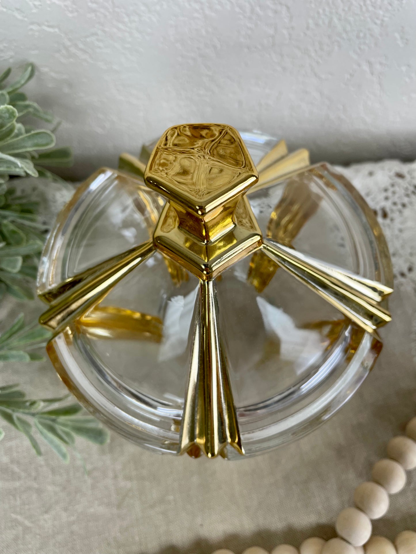 Vintage Glass Dish with Gold Details and Lid