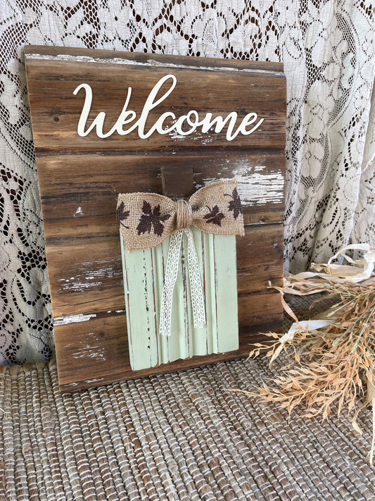 Handmade Barn Wood Light Sage “Welcome” Pumpkin Sign