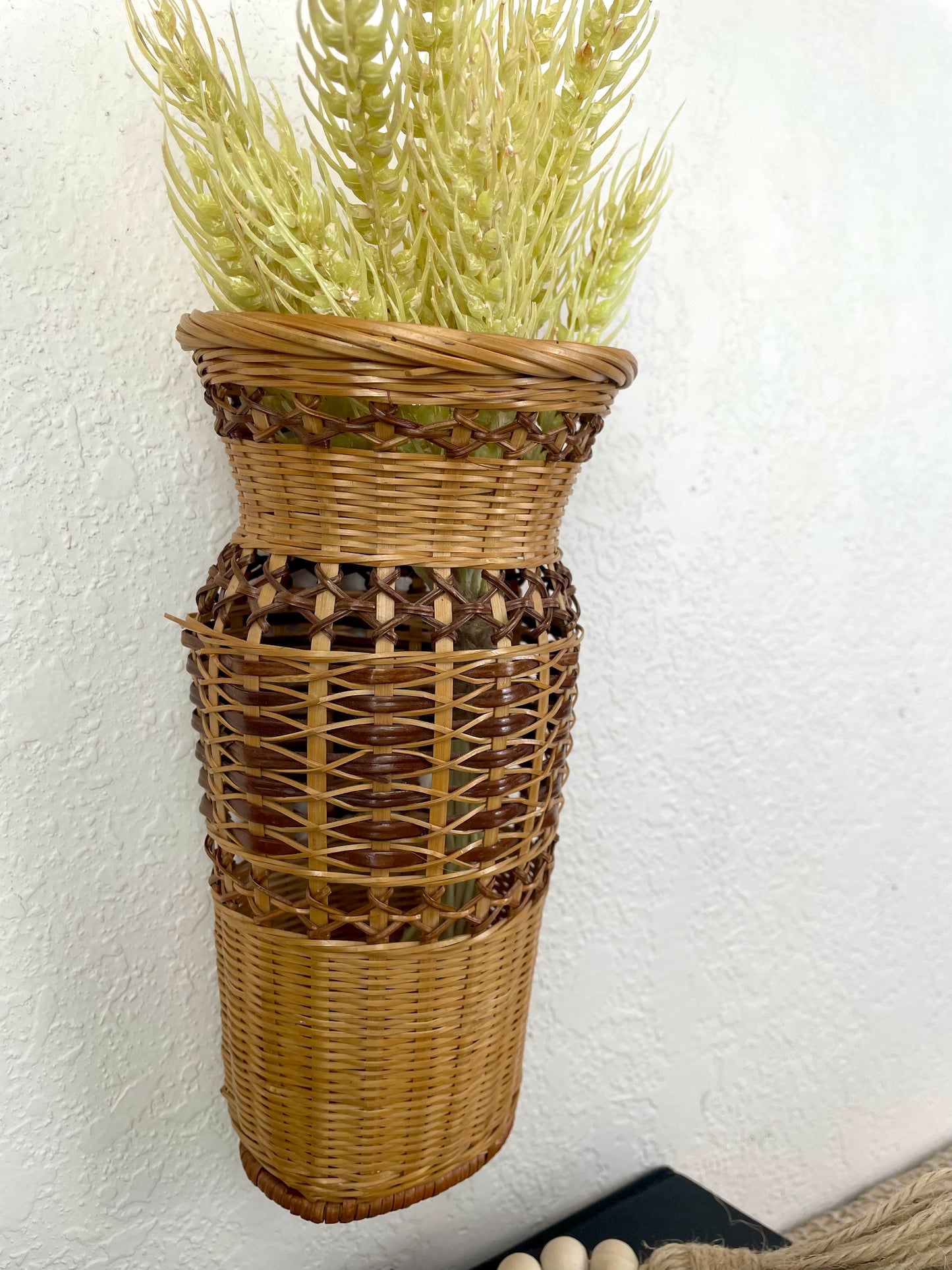 Vintage Wicker Wall Vase with Wheat Grass