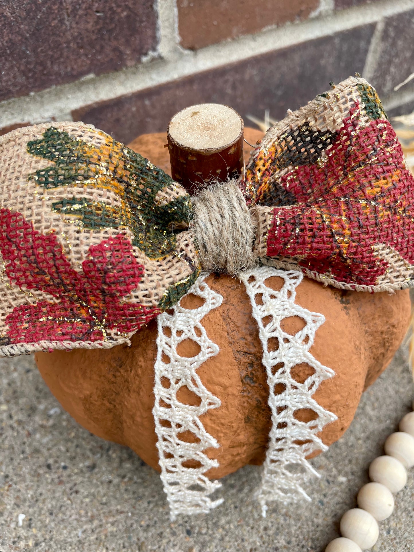 Handmade Textured Orange Pumpkin with Burlap Bow