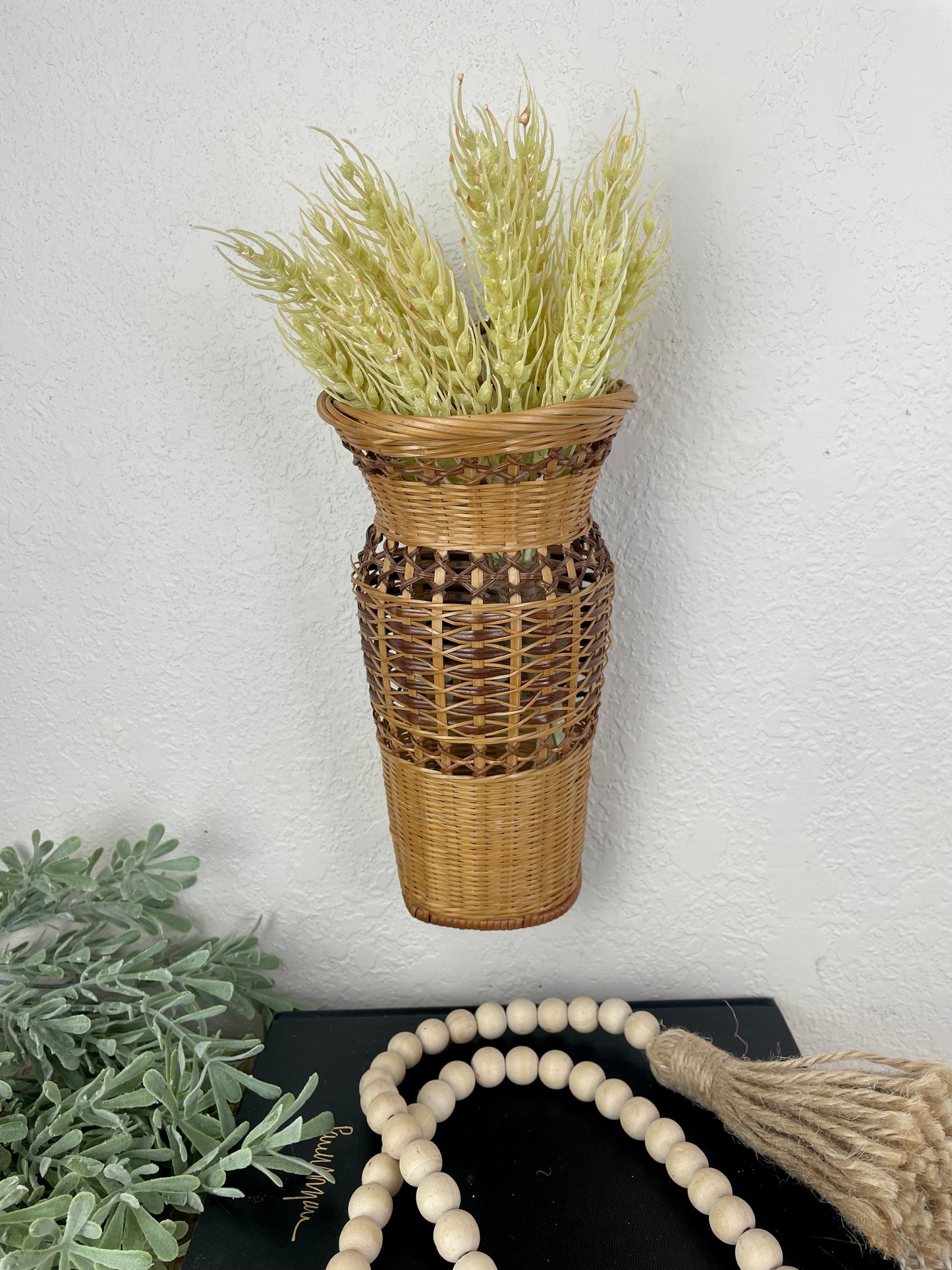 Vintage Wicker Wall Vase with Wheat Grass