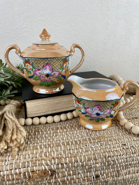 Vintage Hand Painted Japanese Lusterware Creamer & Sugar Set