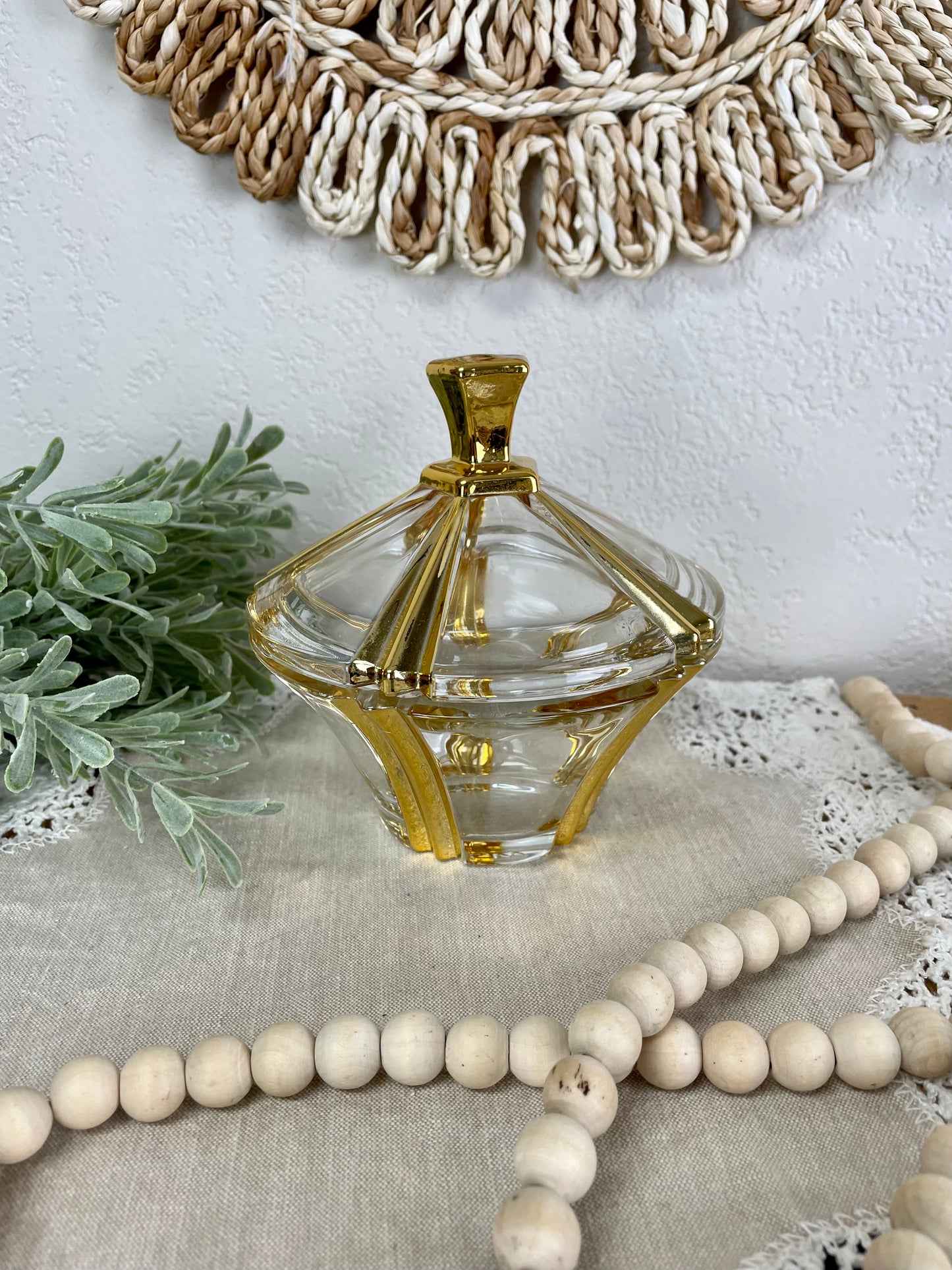 Vintage Glass Dish with Gold Details and Lid