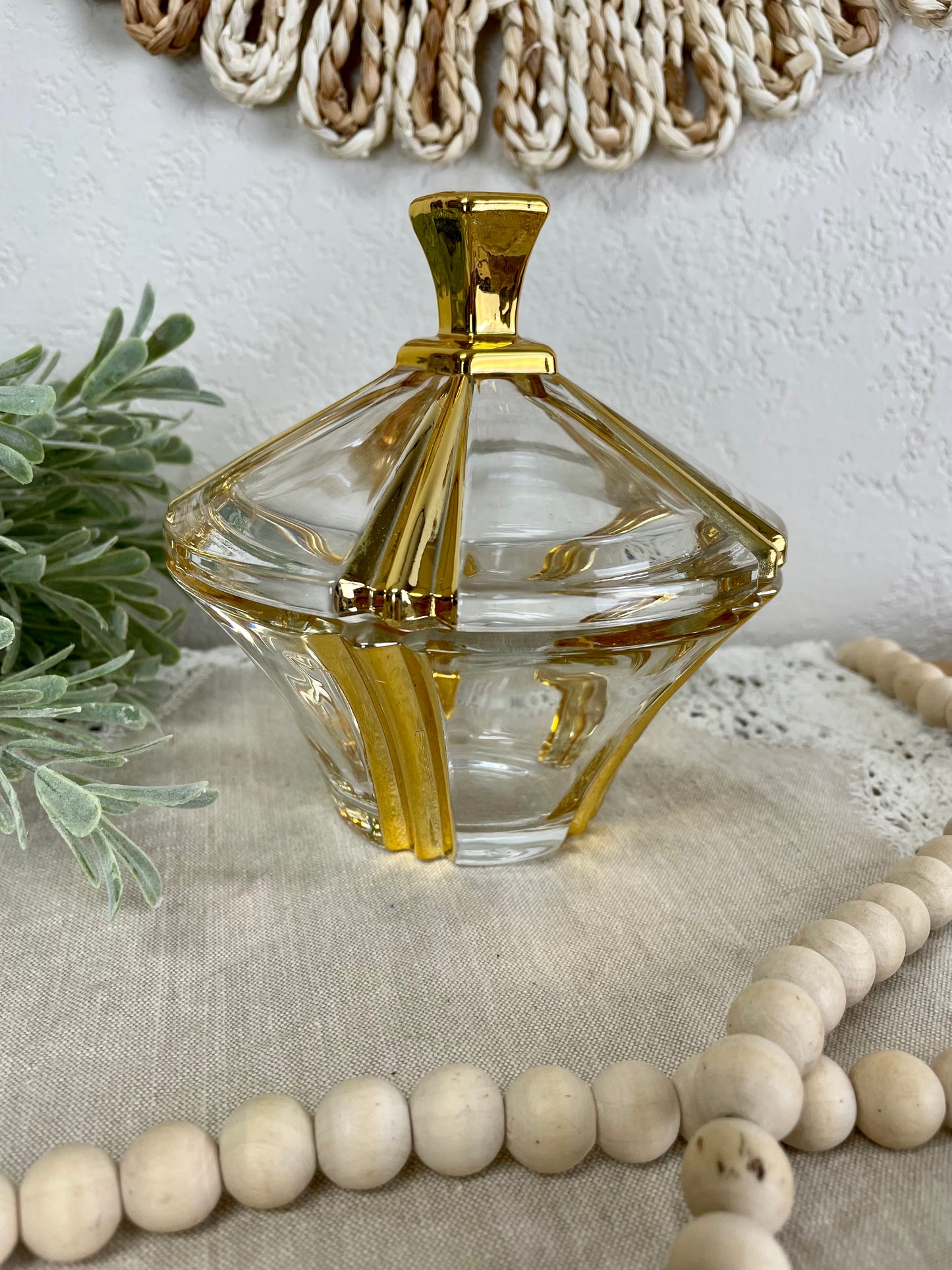 Vintage Glass Dish with Gold Details and Lid