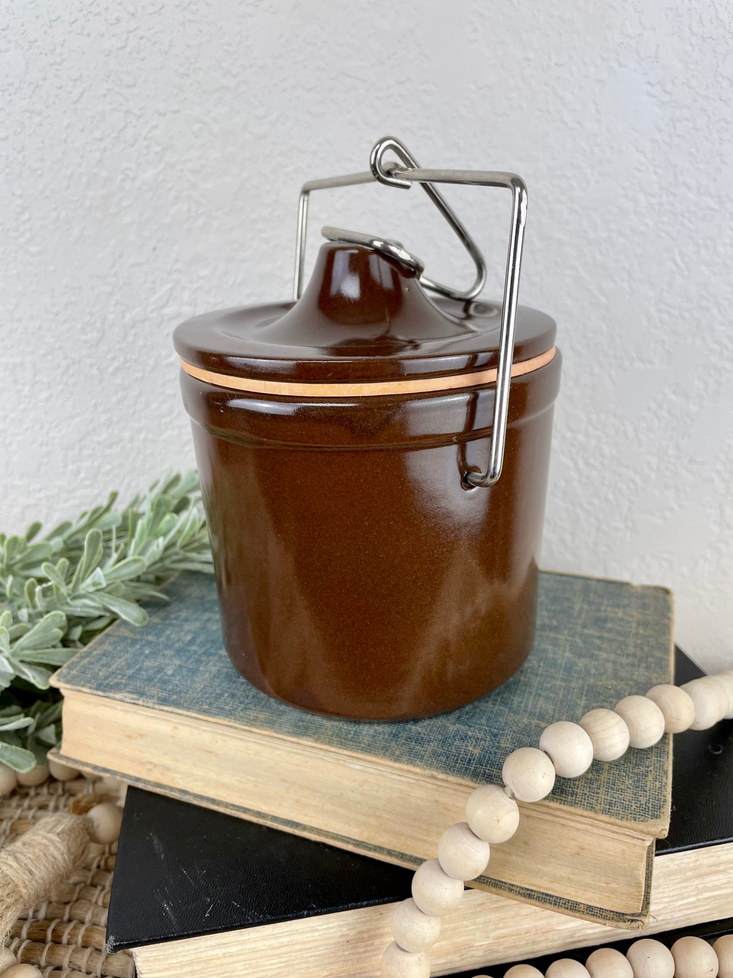 Vintage Brown Cheese Crock with Lid