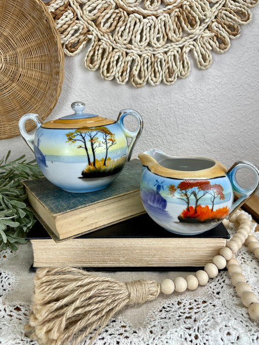 Vintage Hand Painted Japanese Lusterware Creamer and Sugar Set