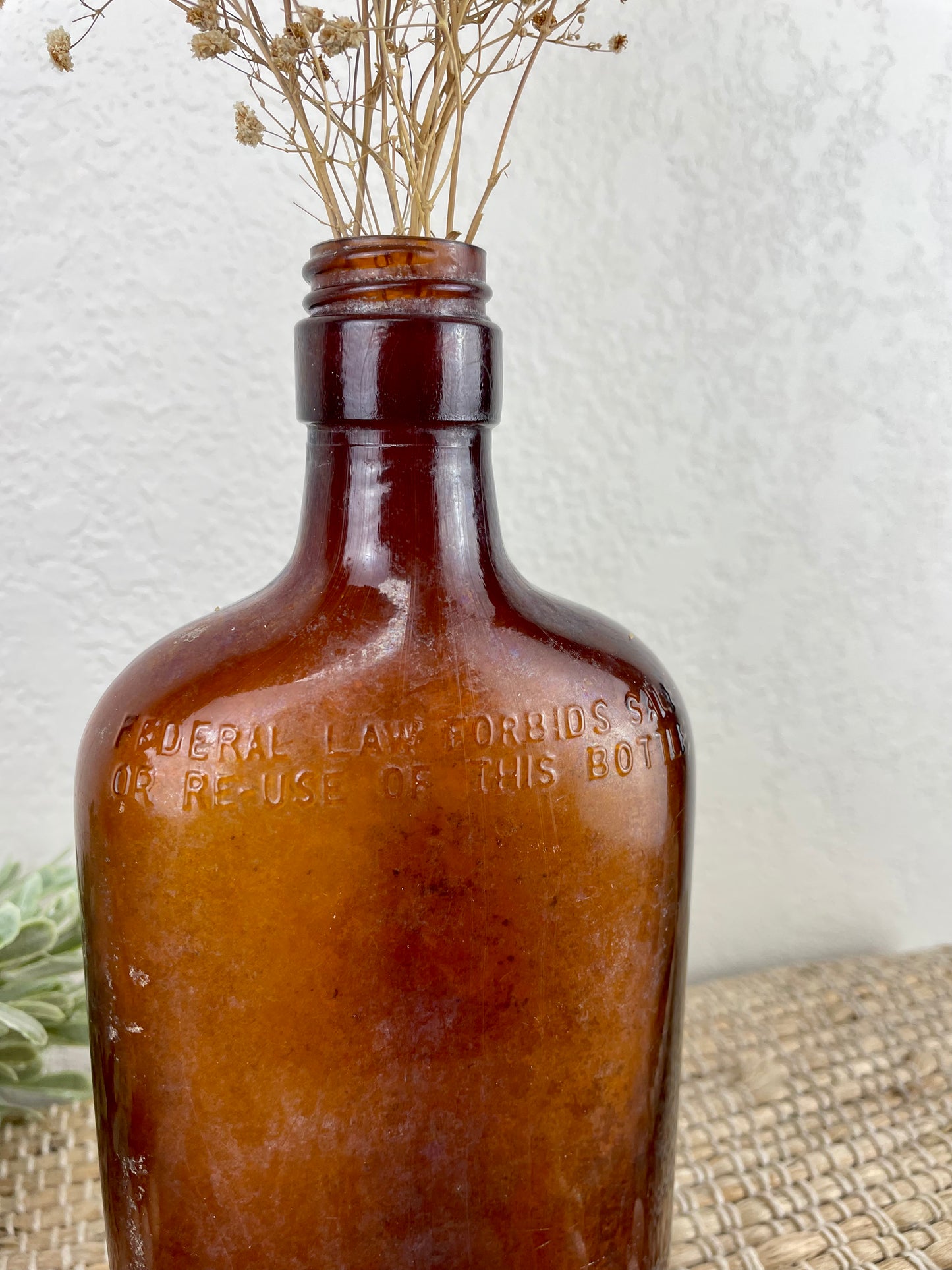 Vintage Amber Bottle with Dried Florals